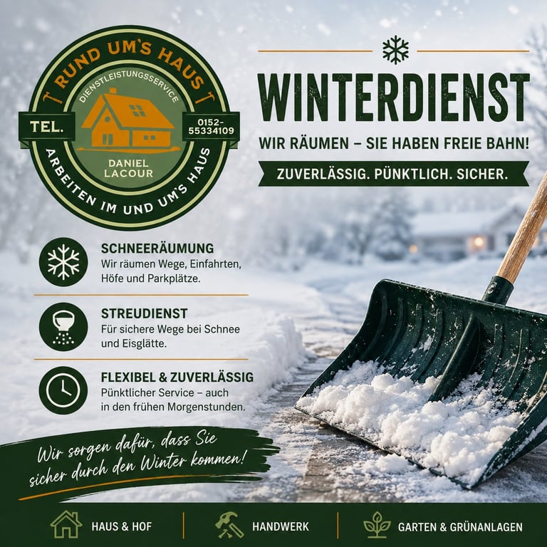 German winter service flyer for Rund Ums Haus featuring snow removal services with logo, shovel in snow, and service details