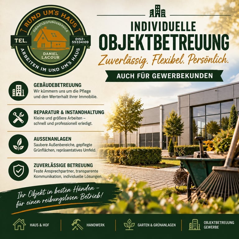 German property management service flyer featuring modern office building with landscaping and service icons for building maintenance, repairs, and grounds care