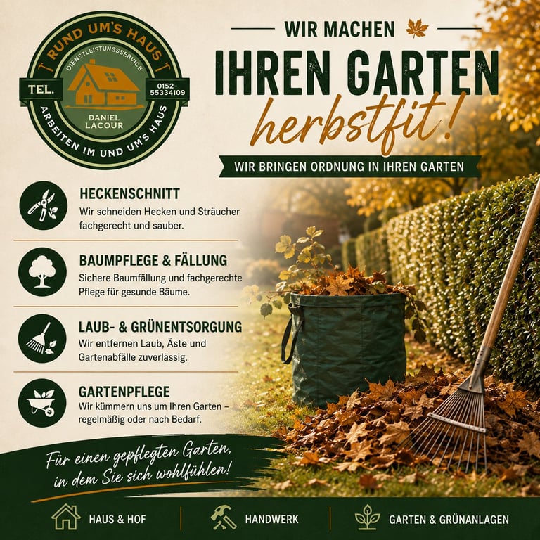 German garden maintenance service flyer showing fall garden care with a rake, fallen leaves, and service offerings